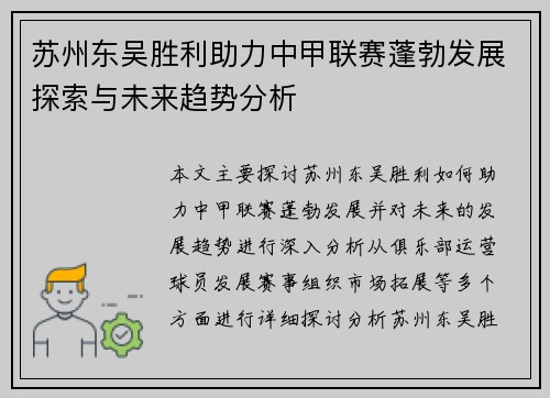 苏州东吴胜利助力中甲联赛蓬勃发展探索与未来趋势分析
